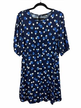 F&F Navy Blue Floral Short Sleeve Midi Dress Size 12 Lightweight